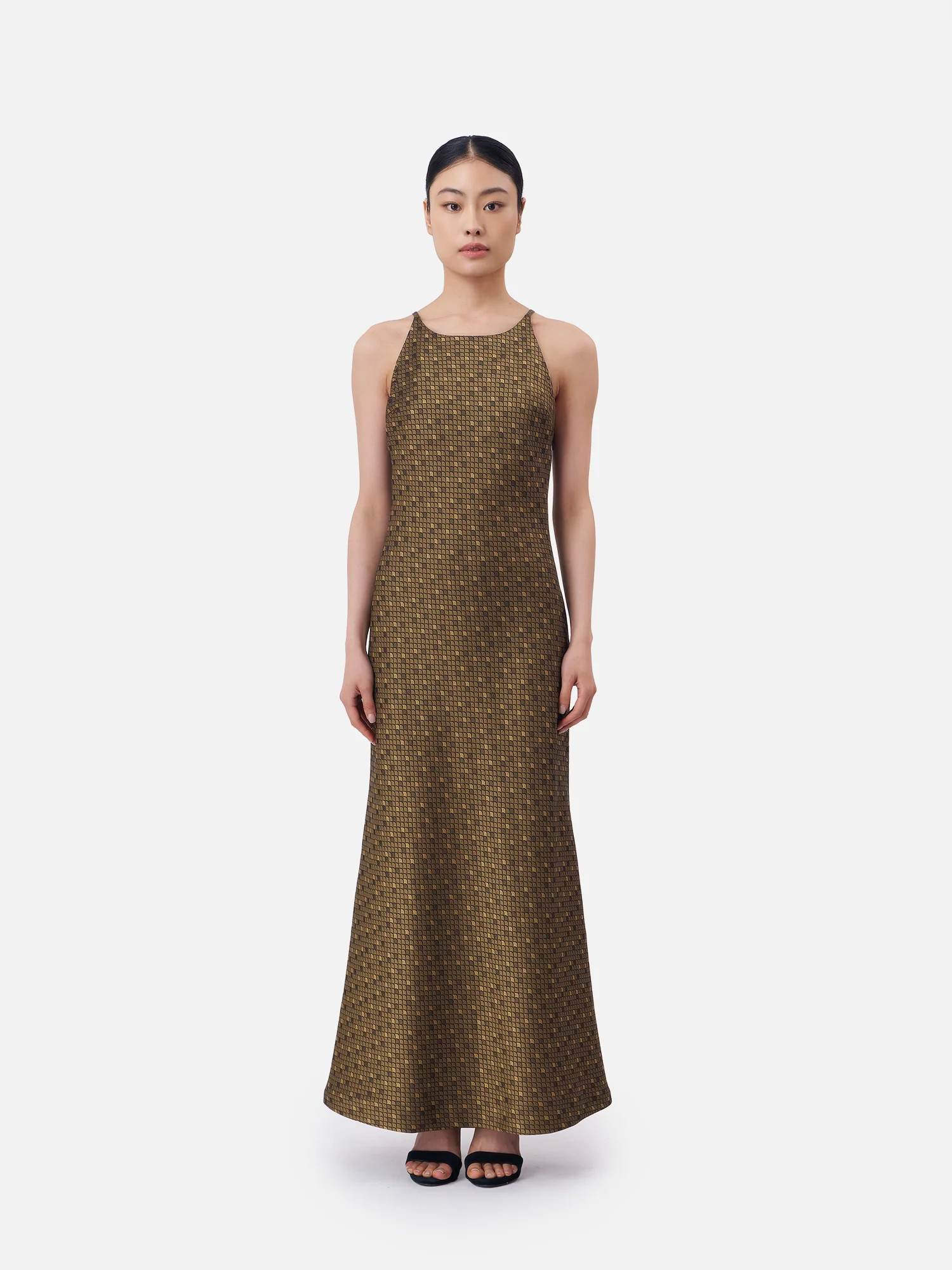 Golden Mountain Spaghetti Halter Maxi Dress