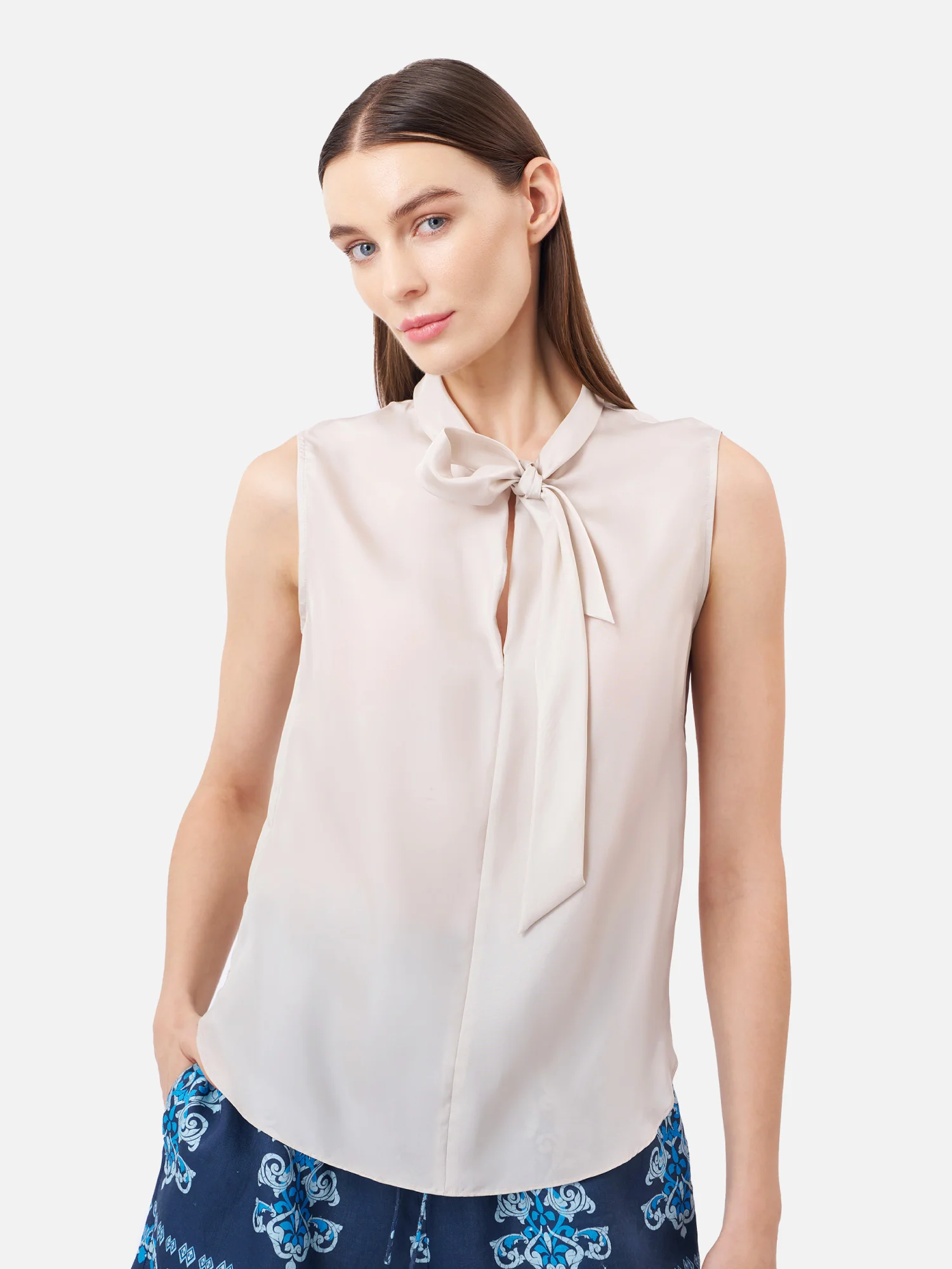 Tie Neck Sleeveless Silk Blouse
